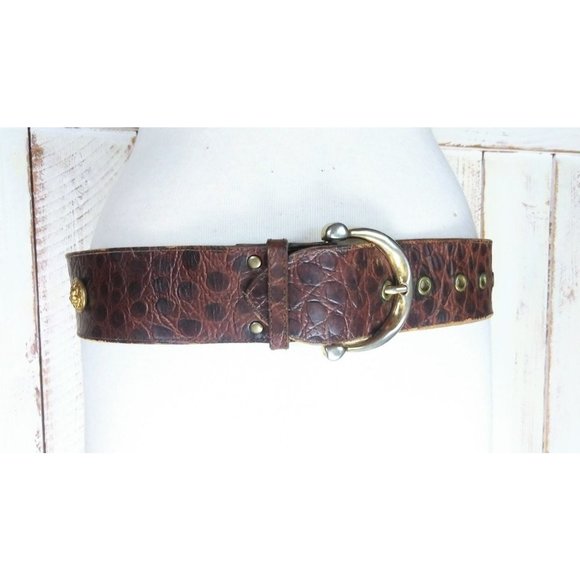 Vintage Jill Stuart wide brown leather gold medallion reptile croc embossed belt - Picture 6 of 6